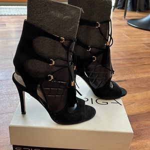 Black suede lace up heeled sandal